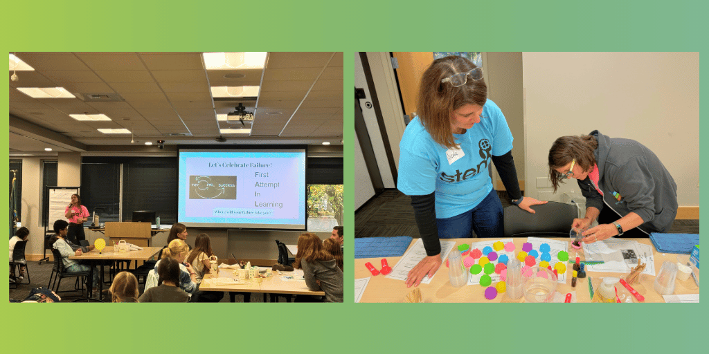 Two images - L - STEM Like a Girl representative talking to a group of girls and their parents with a slide displayed on a projector. R - EventBuilder employees Nicole and Renee preparing a science experiment.