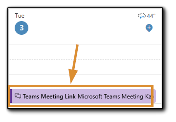 Outlook Calendar Item - Teams Meeting highlighted in orange with an arrow.