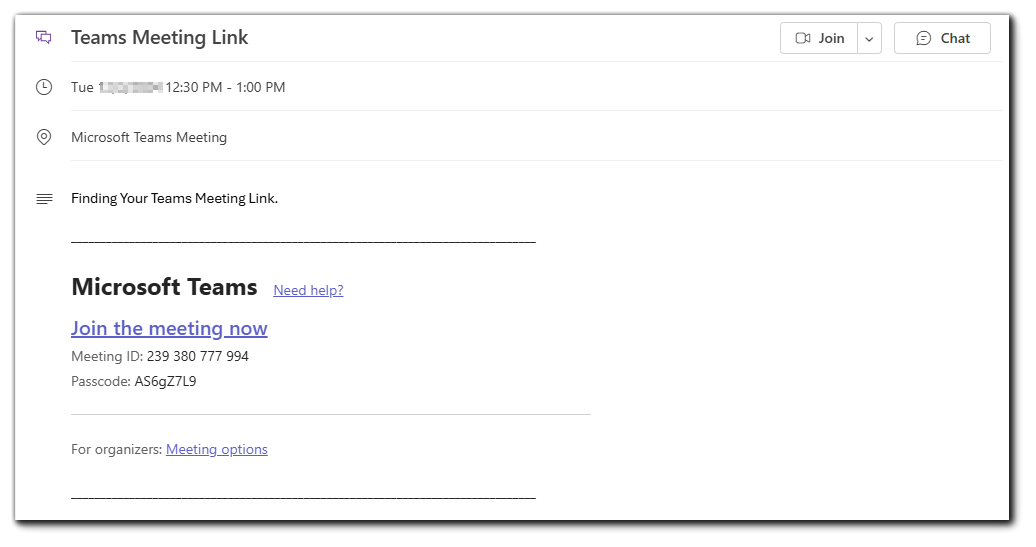 Open Outlook Teams Meeting calendar item.
