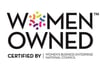 A logo of the words Women Owned in black text with a colourful circular pattern replacing the O