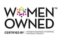 A logo of the words Women Owned in black text with a colourful circular pattern replacing the O