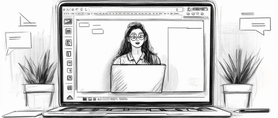 Sketch-style graphic of woman with long hair and glasses working on a laptop.