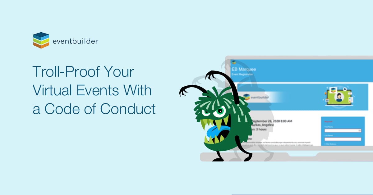 Graphic of a troll with a mean look in front of a laptop screen. Image text: Troll-Proof Your Virtual Events With a Code of Conduct.