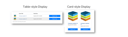 Screenshot: Listing Pages display type examples: Table-style and Card-style.