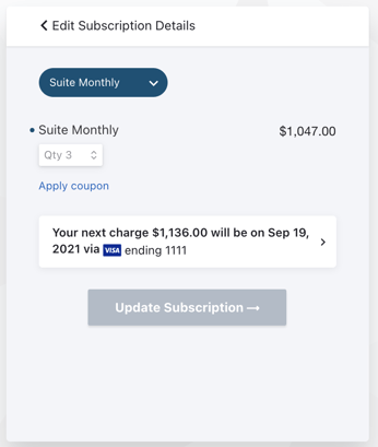 Screenshot: Edit Subscription Details confirmation dialog with amount to be charged after making a change.