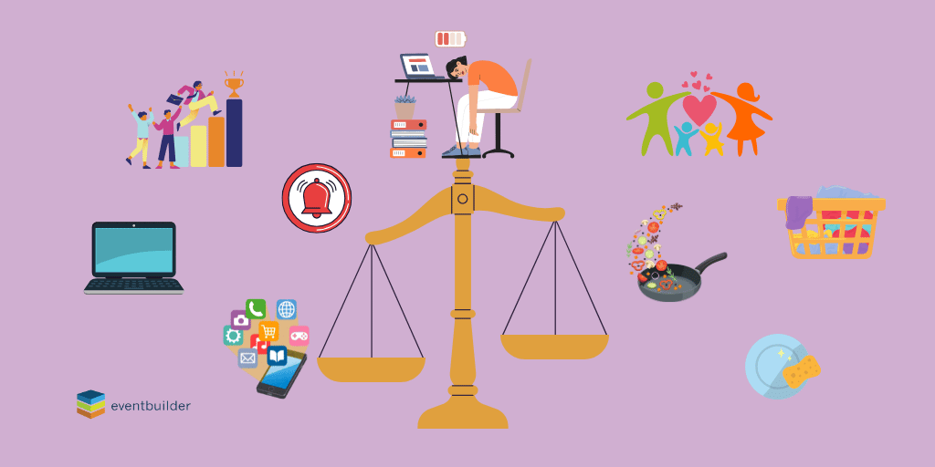 Scale with a tired woman at the top, right side depicts home responsibilities, left side depicts work responsibilities.