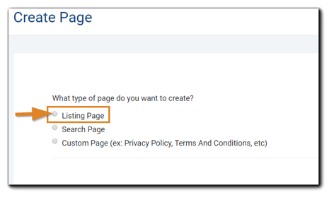 Screenshot: Create Page dialog with Listing Page radio button highlighted.