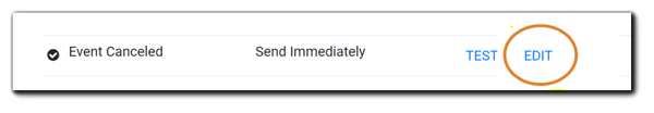 Screenshot: Event Cancelled email with the Edit option highlighted.