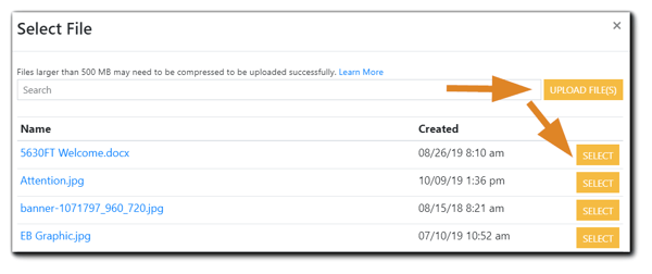 Screenshot: Select file window with Upload File(s) and Select highlighted with orange arrows.