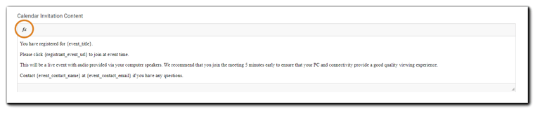 Screenshot: Calendar Invitation Content window with f/x button hightlighted.