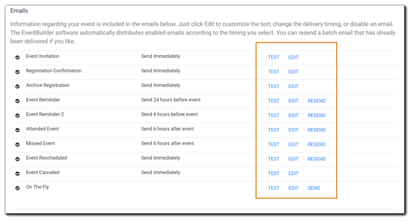 Screenshot: email templates available on the Portal, with the Test, Edit, and Resend links highlighted.