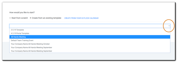 Screenshot: Create from an existing template dropdown menu.