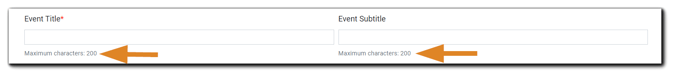 Screenshot: Event Title and Subtitle fields, with maximum character count (200) highlighted for each.