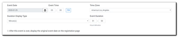 Screenshot: Event details options, including date, time, time zone, duration, duration display, and original date display option/