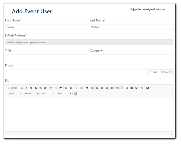 Screenshot: Add Event User window - where Organizers can add Presenters/Moderators and their title, company photo, and bio to their Event.
