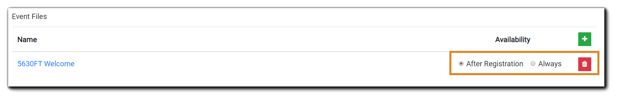 Screenshot: File availability options with 'After Registration,' Always,' and trash icon highlighted.