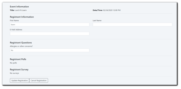Screenshot: Registrant update window, where Registrants can see and update information, or cancel.