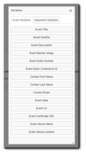 Screenshot: Event Variables window for selecting calendar content information about the event.