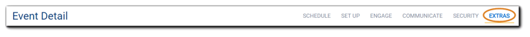 Screenshot: Event Detail menu, Extras link highlighted.