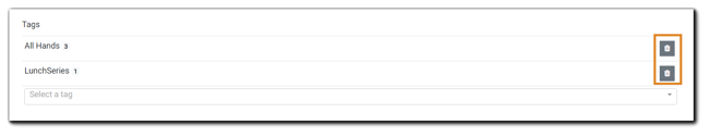 Screenshot: Event Tags list with trash icon highlighted.