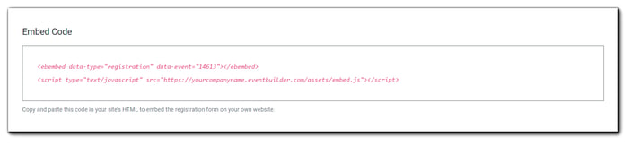 Screenshot: Embed code window for adding an Event's registration form to an Organizer's website.