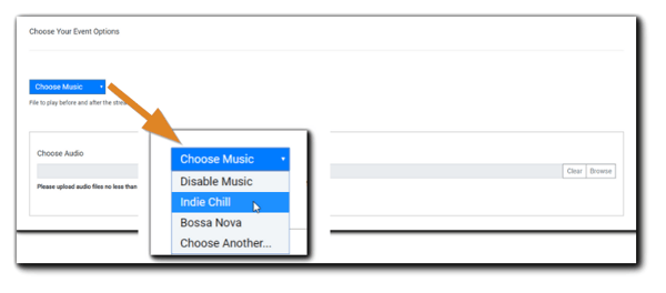 Screenshot: Choose Your Event Options section, with the Choose Music dropdown menu magnified.