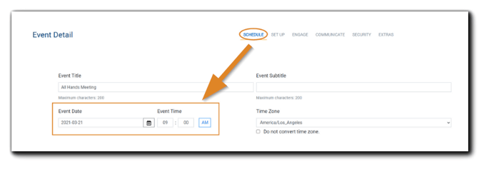 Screenshot: Event Detail Schedule section with Event Date and Time section highlighted.