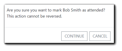 Screenshot: Confirmation box for marking a Registrant as attended.