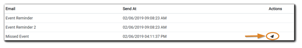 Screenshot: Individual Registrant Emails column with paper plane icon highlighted under the 'Actions' column.