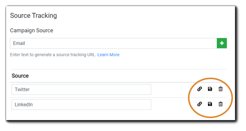 Screenshot: Source tracking interface with link, save, and trash icons highlighted.
