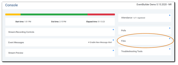 Screenshot: Moderator view of the EventBuilder streaming console with the Files widget highlighted.