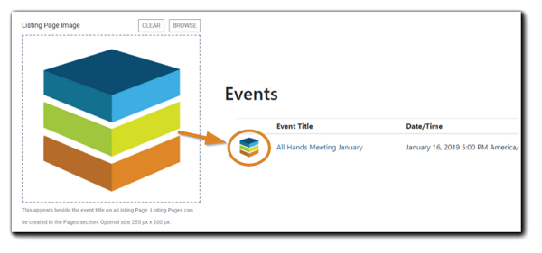Screenshot: Listing Page Image dialog and what the image looks like on a Listing Page.