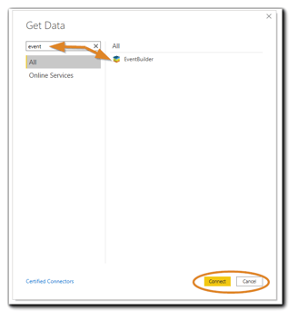 Screenshot: Get Data dialog, with search field and connect options highlighted.