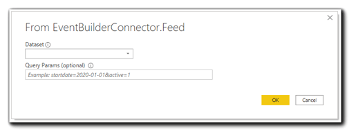 Screenshot: Dataset dialog. Transcript: From EventBuilderConnector.Feed.