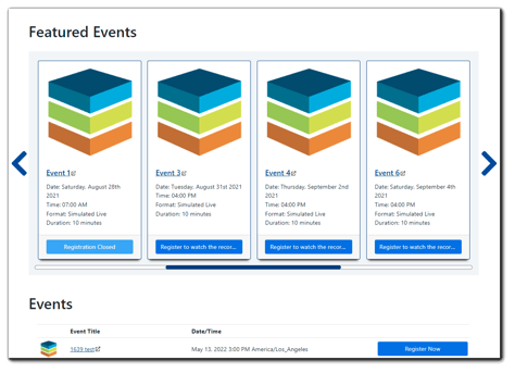 Screenshot: Featured Events appearance on listing page: 4 card-style displays with event info on each.