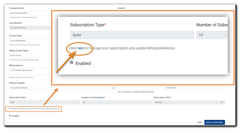 Screenshot: Billing and Subscription portal link on the Portal Configuration General tab.
