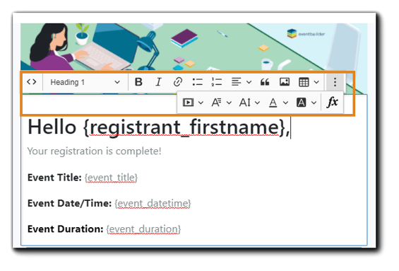 Screenshot: Communicate section, Event Invitation email with html editor open.