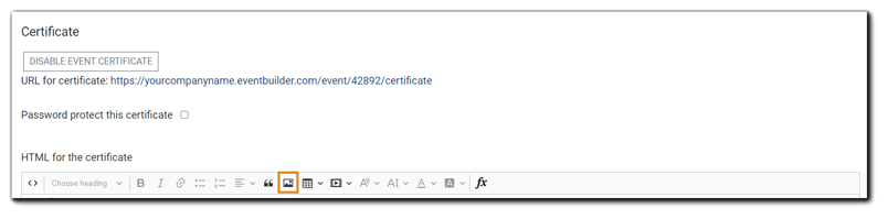 Screenshot: HMTL editor for creating Event Certificate.