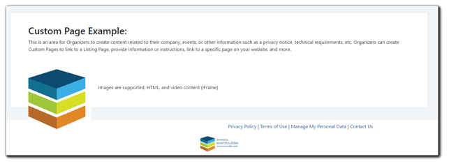 Screenshot: Example Custom Page. Header, copy, and EventBuilder's Logo. Transcript on page.