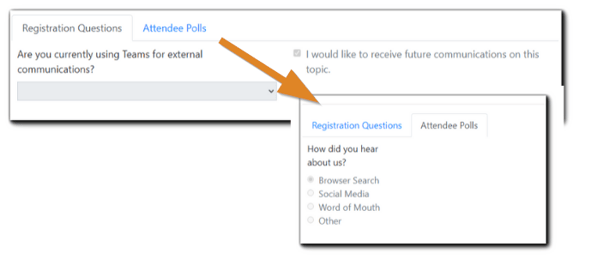 Screenshot: Registration questions view and Attendee Polls view (toggled).