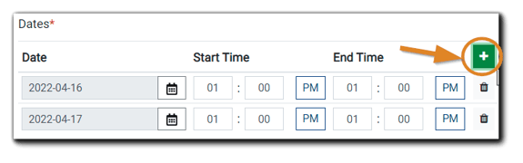 Screenshot: Option for adding additional dates and/or times to your In-Person-Event.