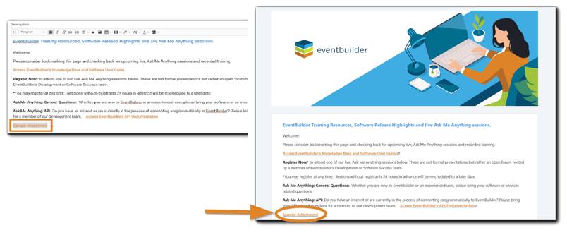 Screenshot: Description text editor with 'Sample Attachment' link highlighted, pointing to published Listing Page, 'Sample Attachment' link highlighted.