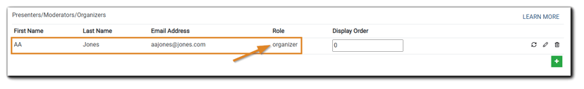 Screenshot: Newly-added Organizer AA Jones with role highlighted.