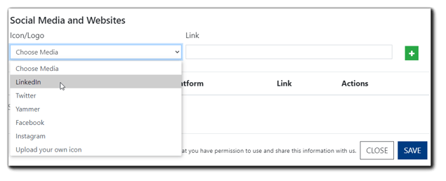 Screenshot: Dialog for adding social media icons/links to Presenter bio information.