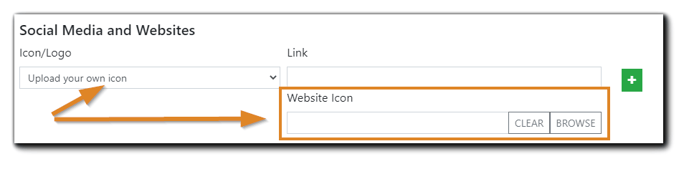 Screenshot: "Upload your own icon" option shown and the Website Icon upload field highlighted.