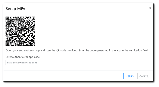 Screenshot: Setup MFA window with a QR code and authenticator app code field. Transcript: "Open your authenticator app and scan the QR code provided. Enter the code generated in the app in the verification field."