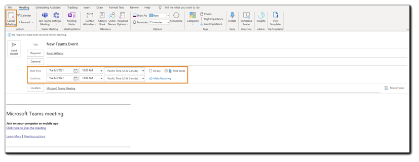 Screenshot: Outlook meeting time dialog with the 'cancel meeting' and event dates highlighted.