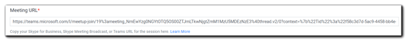 Screenshot: Meeting URL field on the Schedule step.
