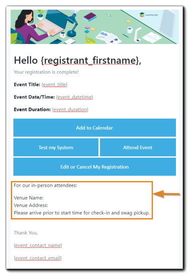 Screenshot: Attendee invite email with in-person attendance information highlighted.