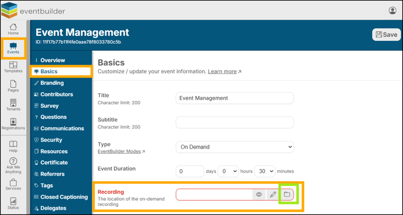 A screenshot of EventBuilder software